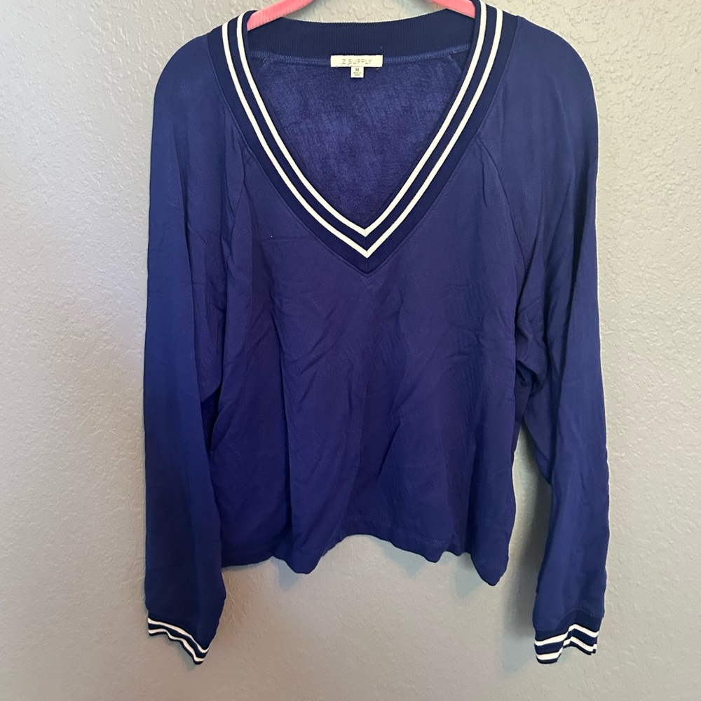 Z Supply Navy V-Neck Sweater with White Stripe Trim